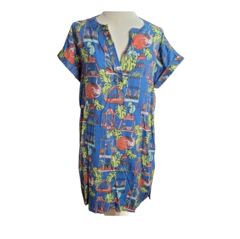 Jayes Studio Blue Green Multicolor Ethnic Tropical Tunic Dress Size Medium